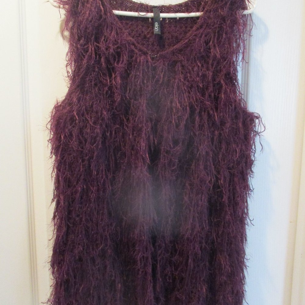 Elan Women Plum Burgundy Faux Feather Boho Vest M